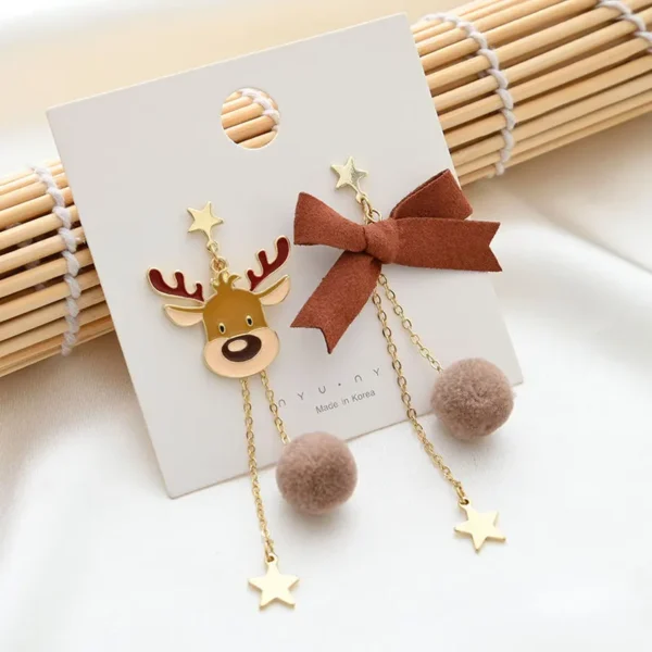 Merry Christmas Velvet Elk Bowknot Dangle Earrings For Women Red Hair Ball Long Tassel Asymmetric Earring New Year Party Jewelry - Image 1