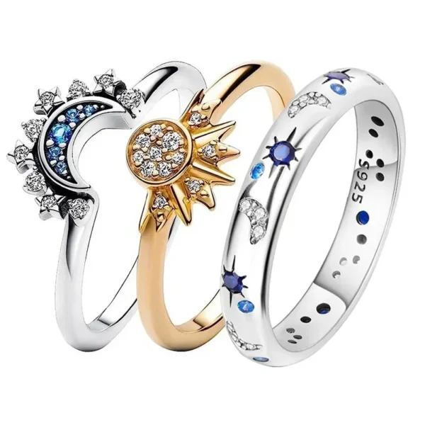 New Celestial Blue Sparkling Moon Sun Star Crystal Ring for Women Fashion Elegant Stackable Finger Band Party Jewelry Gifts - Image 1