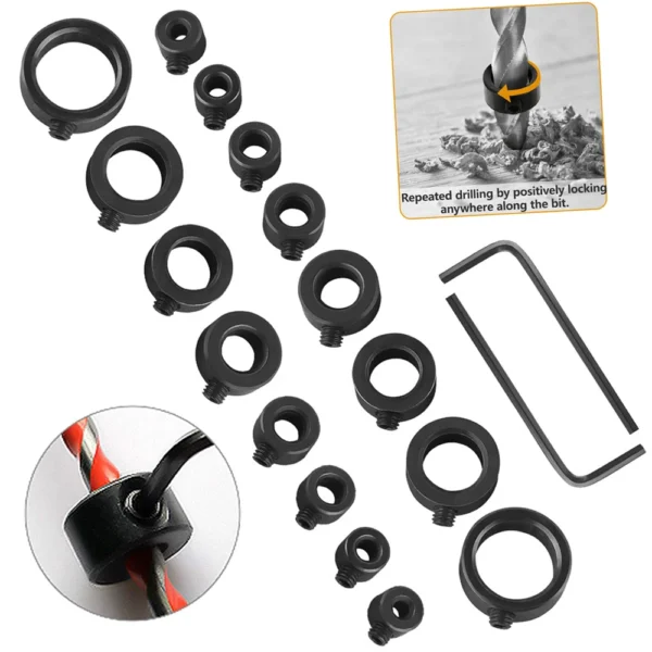 New Drill Depth Stop Bit Collar Set Adjustable Positioner Limit Ring Allen Wrench Tighten Stopper Set-Screws Woodworking Tool - Image 1