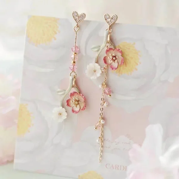 New Korean Romantic Cherry Blossoms Flower Earrings For Women Fashion Long Tassel Asymmetrical Dangle Earring Girl Sweet Jewelry - Image 1