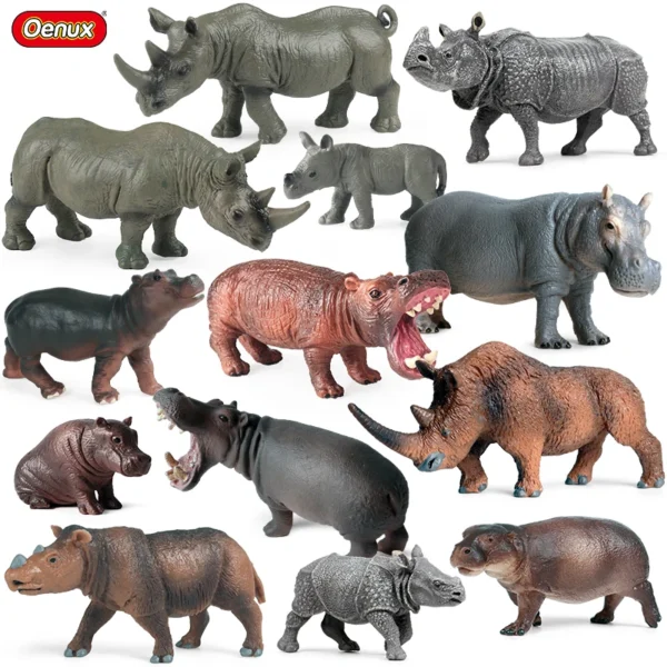 Oenux Simulation Wild Animal Model Rhino Rhinoceros Hippo Hippopotamus PVC Home Ornament Animal Educational Toy For Kids Gift - Image 1