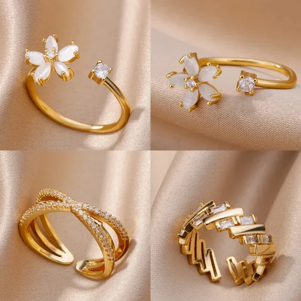 Opal Flower Rings For Women Cubic Zirconia Openning Stainless Steel Flower Ring Wedding Floral Aesthetic Jewelry anillos mujer - Image 1