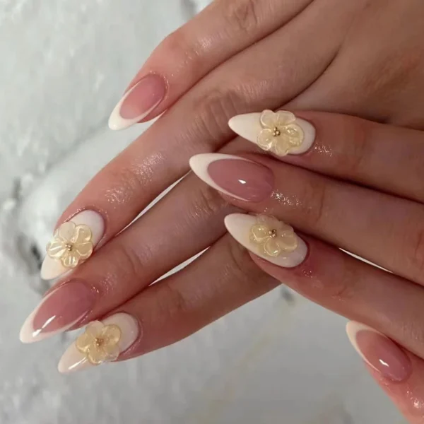 Press on Acrylic Nails Almond Full Cover Fake Nail with 3D Yellow Peach Floral False Nails with Glue Detachable Stick on Nails Press on Acrylic Nails Almond Full Cover Fake Nail with 3D Yellow Peach Floral False Nails with Glue Detachable Stick on Nails - Image 1