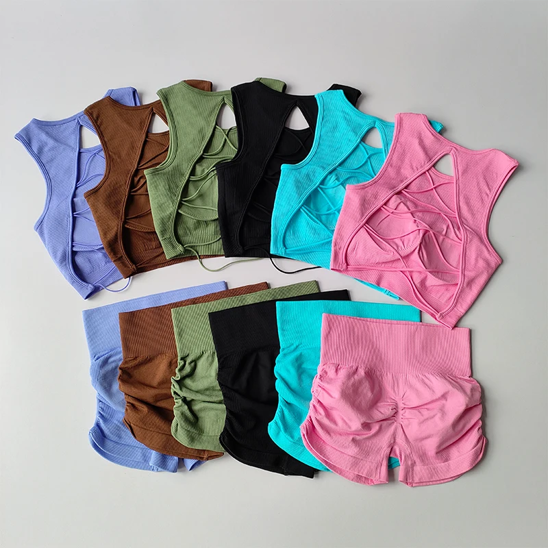 Seamless Beauty Back Yoga Suit Running Quick-drying Tight Sports Bras and High Waisted Shorts Fitness Suit Set for Women Set Sexy Fitness Suit Women with High-end and Integrated Cup Beautiful Back Lifting Buttocks Shorts Bras Fitness Suit Sports Vest - Image 1