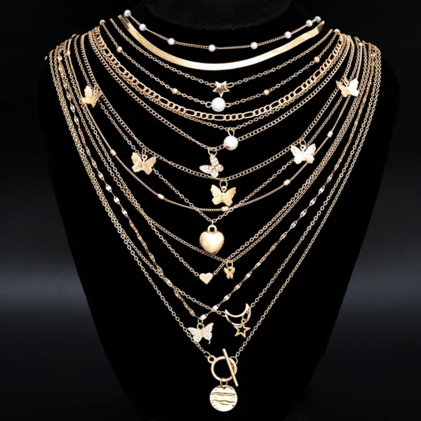 Simple Stackable Necklaces Set for Women Fashion Butterfly Heart Star Pearl Moon Pendant Necklaces Boho Jewelry Gifts 2025 - Image 1