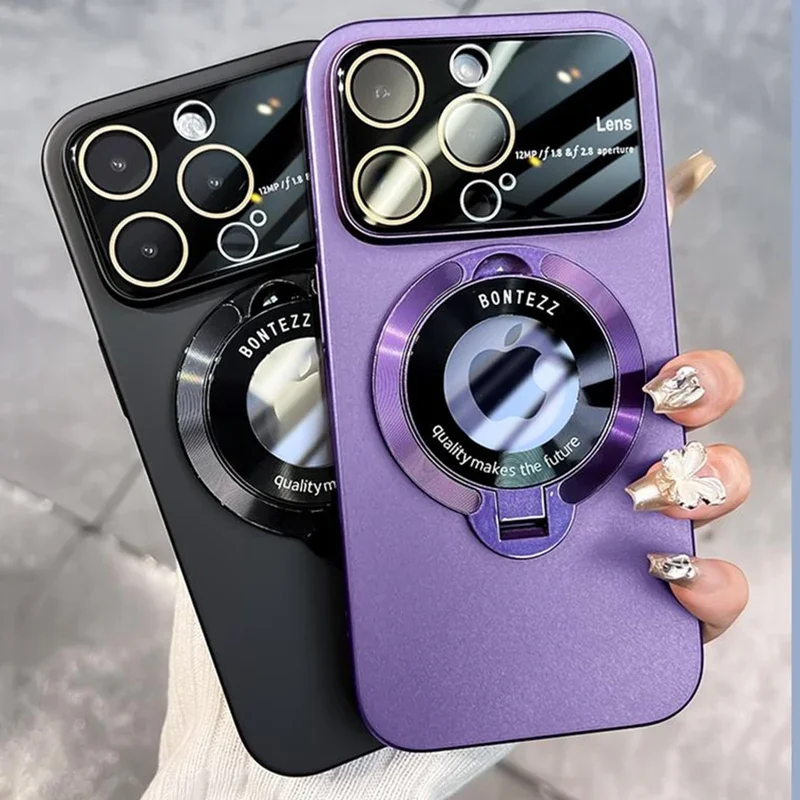 Slim Matte PC Bracket Case For iPhone 15 14 13 12 11 Pro Max 14 Plus For Magsafe Stand Holder Glass Lens Protector Luxury Cover Slim Matte PC Bracket Case For iPhone 15 14 13 12 11 Pro Max 14 Plus For Magsafe Stand Holder Glass Lens Protector Luxury Cover - Image 1