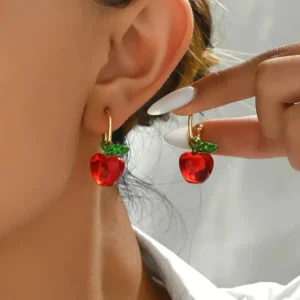 Sweet Cute Red Apple Shaped Earrings For Women Full Rhinestone Strawberry Rose Flower Green Leaf Earring Wedding Party Jewelry