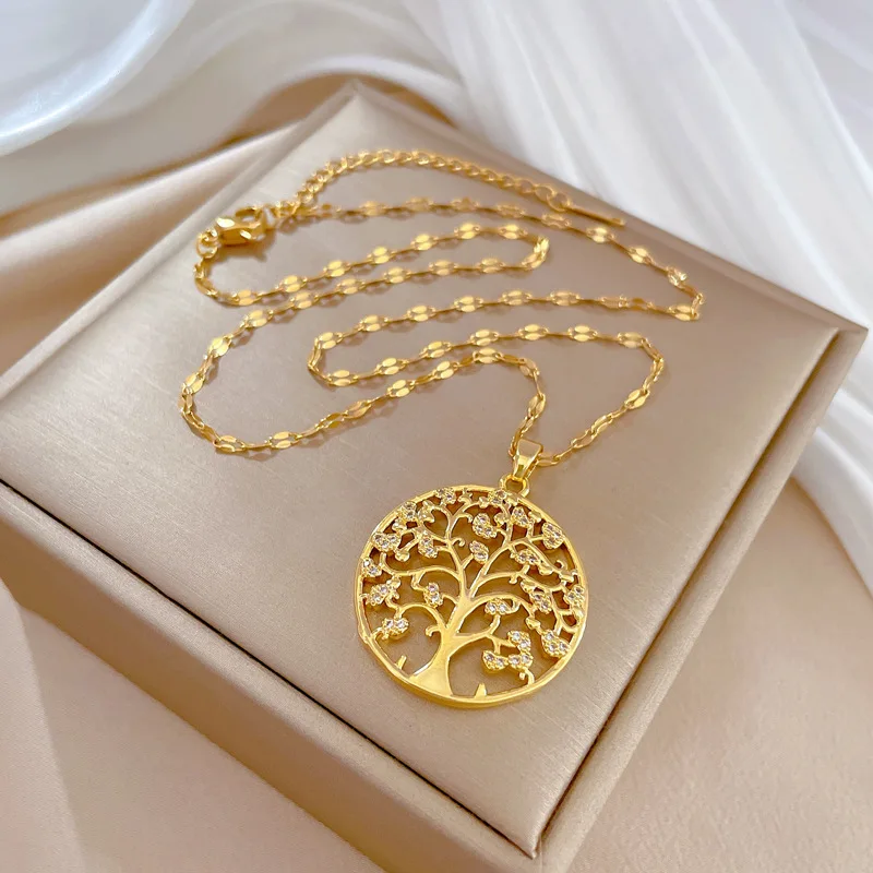 Temperamental Luxury Rhinestone Tree of Life Pendant Necklace Women Vintage Stainless Steel Waterproof Chain Aesthetic Jewelry Temperamental Luxury Rhinestone Tree of Life Pendant Necklace Women Vintage Stainless Steel Waterproof Chain Aesthetic Jewelry - Image 1