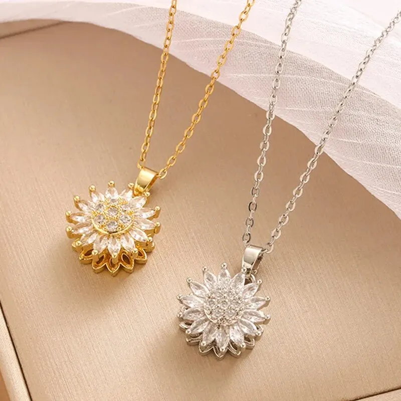 Trendy Rotation Spin Sunflower Stainless Steel Zircon Necklaces For Women Metal Crystal Necklace Party Birthday Gifts Jewelry Trendy Rotation Spin Sunflower Stainless Steel Zircon Necklaces For Women Metal Crystal Necklace Party Birthday Gifts Jewelry - Image 1