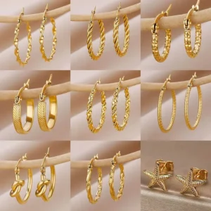 Vintage Round Stainless Steel Hoop Earrings For Women Gold Plated Earring 2023 Trending Statement Ear Jewelry Christmas Gift