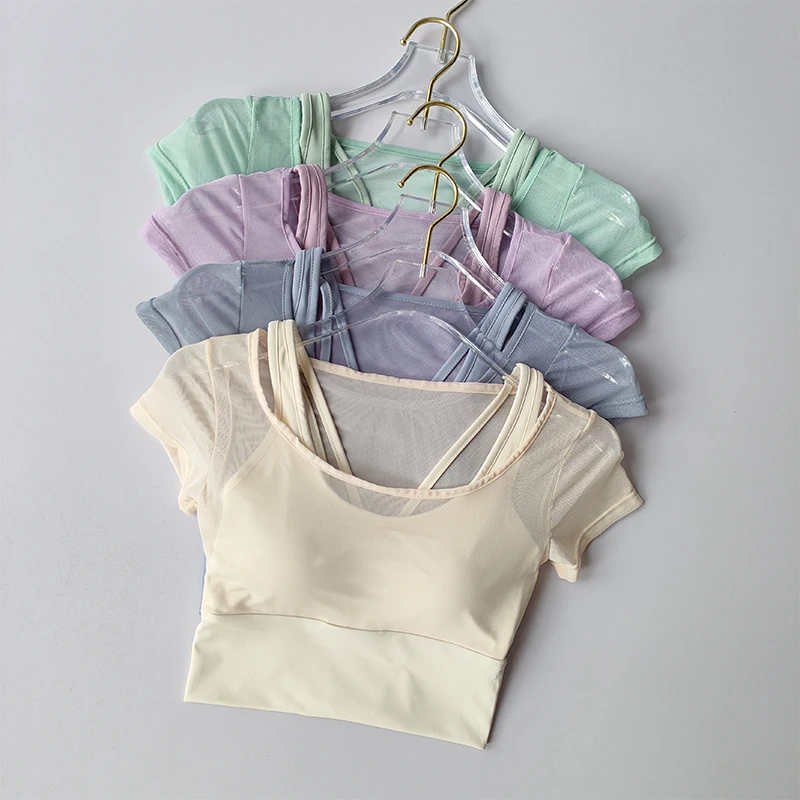Women's Pilates Training Fitness Suit Chest Cushion Yoga Suit Top Quick Drying High-end Feeling Sports Short Sleeved Breathable Women's Pilates Training Fitness Suit Chest Cushion Yoga Suit Top Quick Drying High-end Feeling Sports Short Sleeved Breathable - Image 1