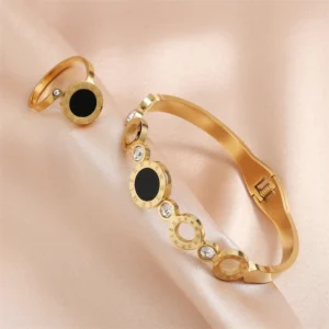 ZAKOL 2 Pcs Fashion Bracelet Rings For Women Black Acrylic Roman Numeral Stainless Steel Couple Bracelet Jewelry Set Gift