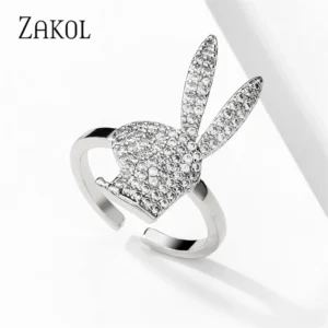 ZAKOL Cute Rabbit Open Rings for Women Fashion White Gold Color Party Jewelry 2023 New