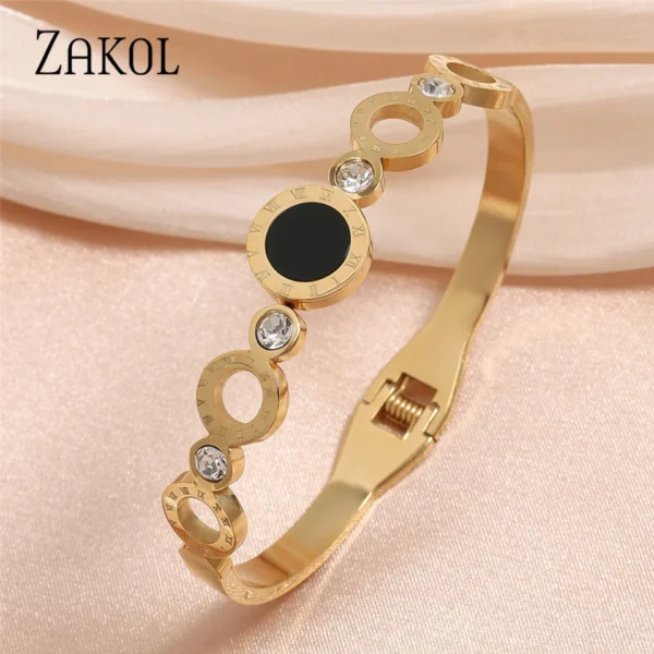 ZAKOL Fashion Black Shell Roman Numeral Titanium Steel Bangle Hollow Circle Button Bracelet Jewelry Gifts for Women - Image 1