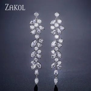 ZAKOL Fashion Cubic Zirconia Leaf Long Dangle Earrings for Elegant Women White Leaves Drop Earring Bridal Wedding Jewelry