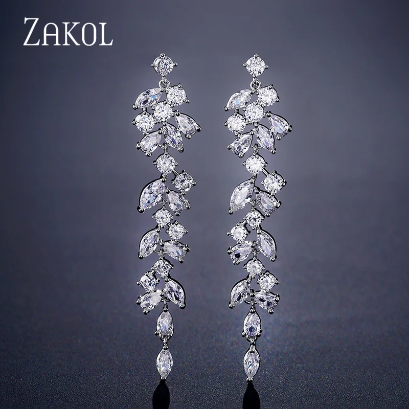 ZAKOL Fashion Cubic Zirconia Leaf Long Dangle Earrings for Elegant Women White Leaves Drop Earring Bridal Wedding Jewelry ZAKOL Fashion Cubic Zirconia Leaf Long Dangle Earrings for Elegant Women White Leaves Drop Earring Bridal Wedding Jewelry - Image 1