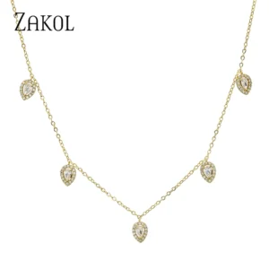 ZAKOL Korean Fashion Leaf Water Drop Choker Necklaces for Women AAA Cubic Zirconia Thin Chain Necklace Jewelry