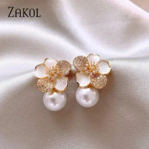 ZAKOL Luxury Micro Set Zircon White Enamel Camellia Pearl Pendant Earrings for Women Exquisite Party Ear Accessories