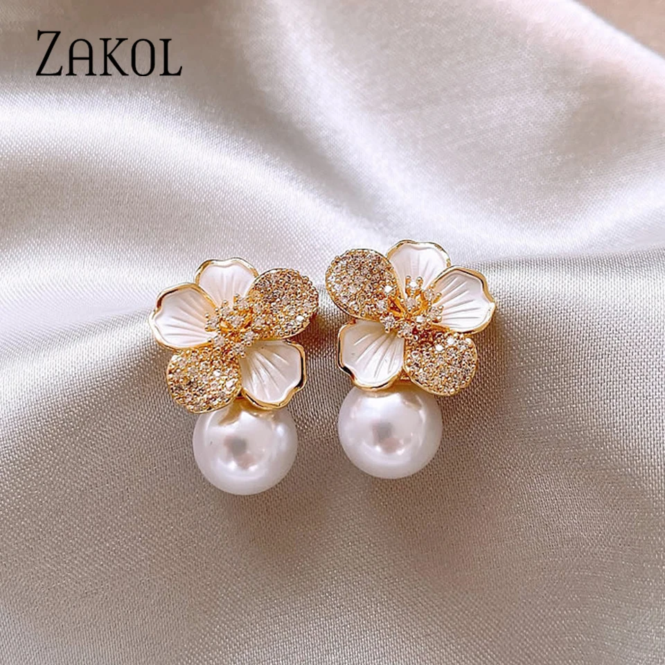 ZAKOL Luxury Micro Set Zircon White Enamel Camellia Pearl Pendant Earrings for Women Exquisite Party Ear Accessories ZAKOL Luxury Micro Set Zircon White Enamel Camellia Pearl Pendant Earrings for Women Exquisite Party Ear Accessories - Image 1