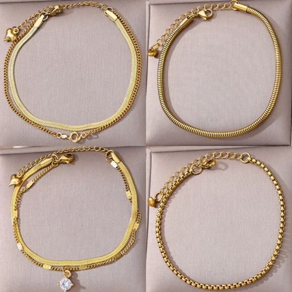 Zircon Circle Bead Anklets For Women Gold Color Stainless Steel Anklet Double Snake Chain Summer Beach Accessories Jewelry Gift - Image 1