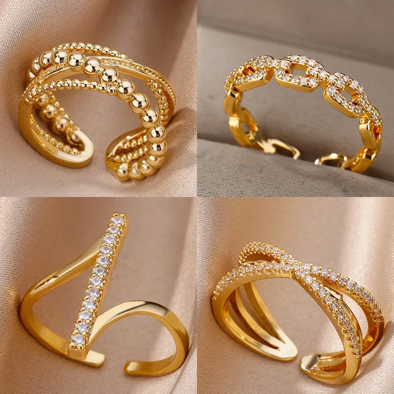 Zircon Geometric Rings For Women Gold Color Stainless Steel Opening Ring Luxury Wedding Party Aesthetic Jewerly Gift Femme 2024 Zircon Geometric Rings For Women Gold Color Stainless Steel Opening Ring Luxury Wedding Party Aesthetic Jewerly Gift Femme 2024 - Image 1