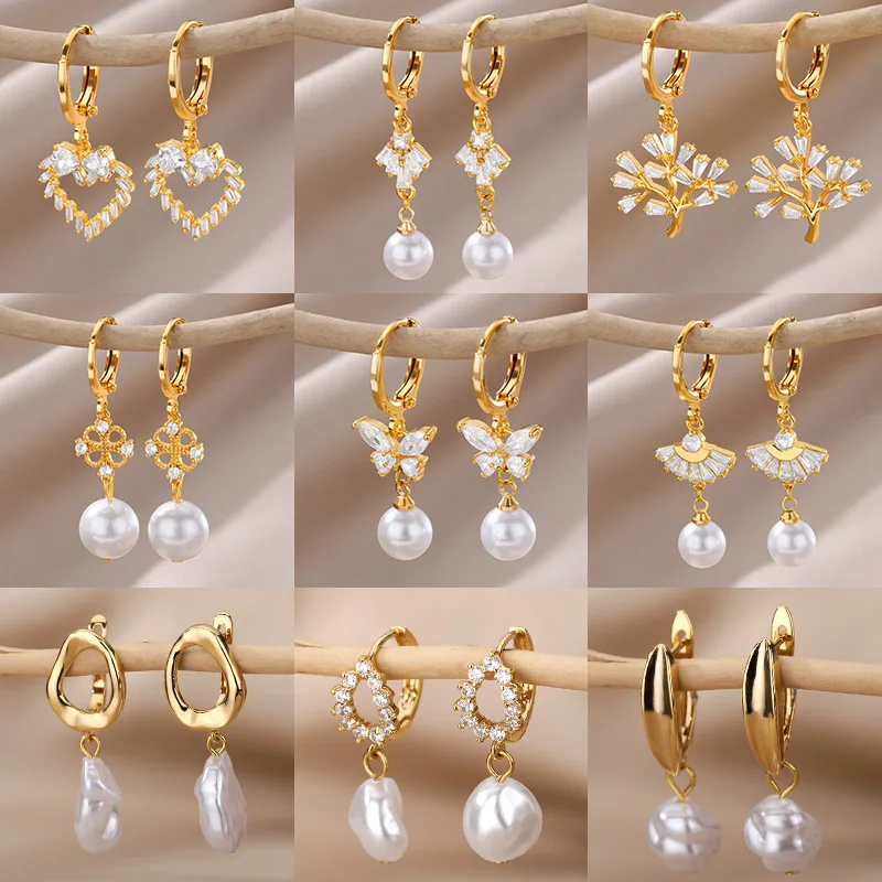 Zircon Natural Pearl Earrings For Women Gold Plated Stainless Steel Geometric Hoop Pearl Earring Wedding Bridesmaid Jewelry Gift Zircon Natural Pearl Earrings For Women Gold Plated Stainless Steel Geometric Hoop Pearl Earring Wedding Bridesmaid Jewelry Gift - Image 1