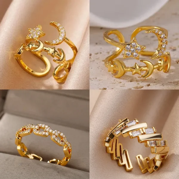 Zircon Star Moon Rings For Women Gold Color Adjustable Stainless Steel Moon Star Ring Wedding Aesthetic Party Jewelry Gift BFF - Image 1