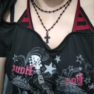 2Pcs/Set Gothic Black Cross Jesus Pendant Choker Necklace for Women Punk Vintage Metal Beads Chain Neck Jewelry Accessories New