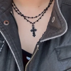 2Pcs/Set Gothic Black Cross Jesus Pendant Choker Necklace for Women Punk Vintage Metal Beads Chain Neck Jewelry Accessories New